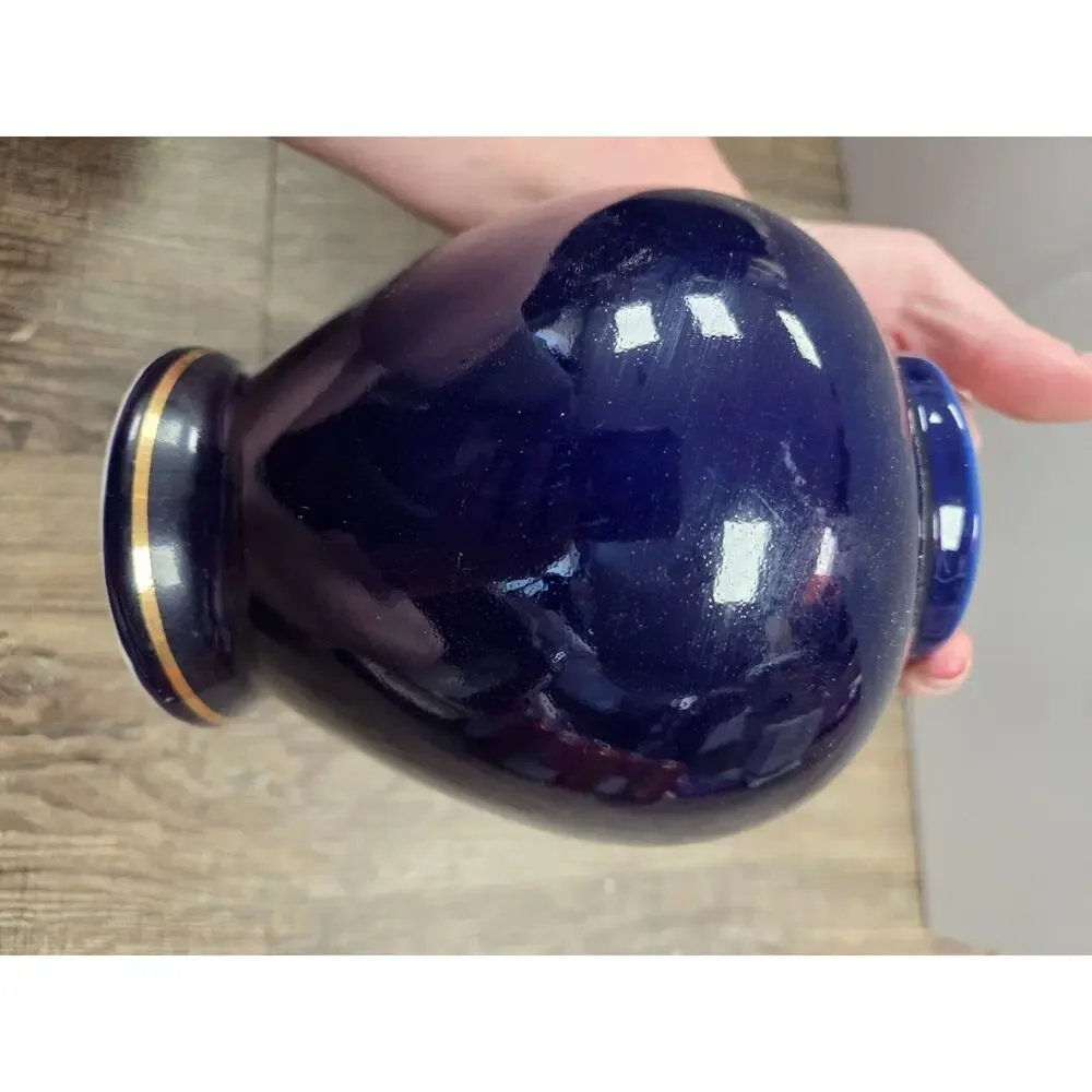 Vintage Japanese Ginger Jar Urn with Lid Cobalt Blue with Peacock & Floral scene
